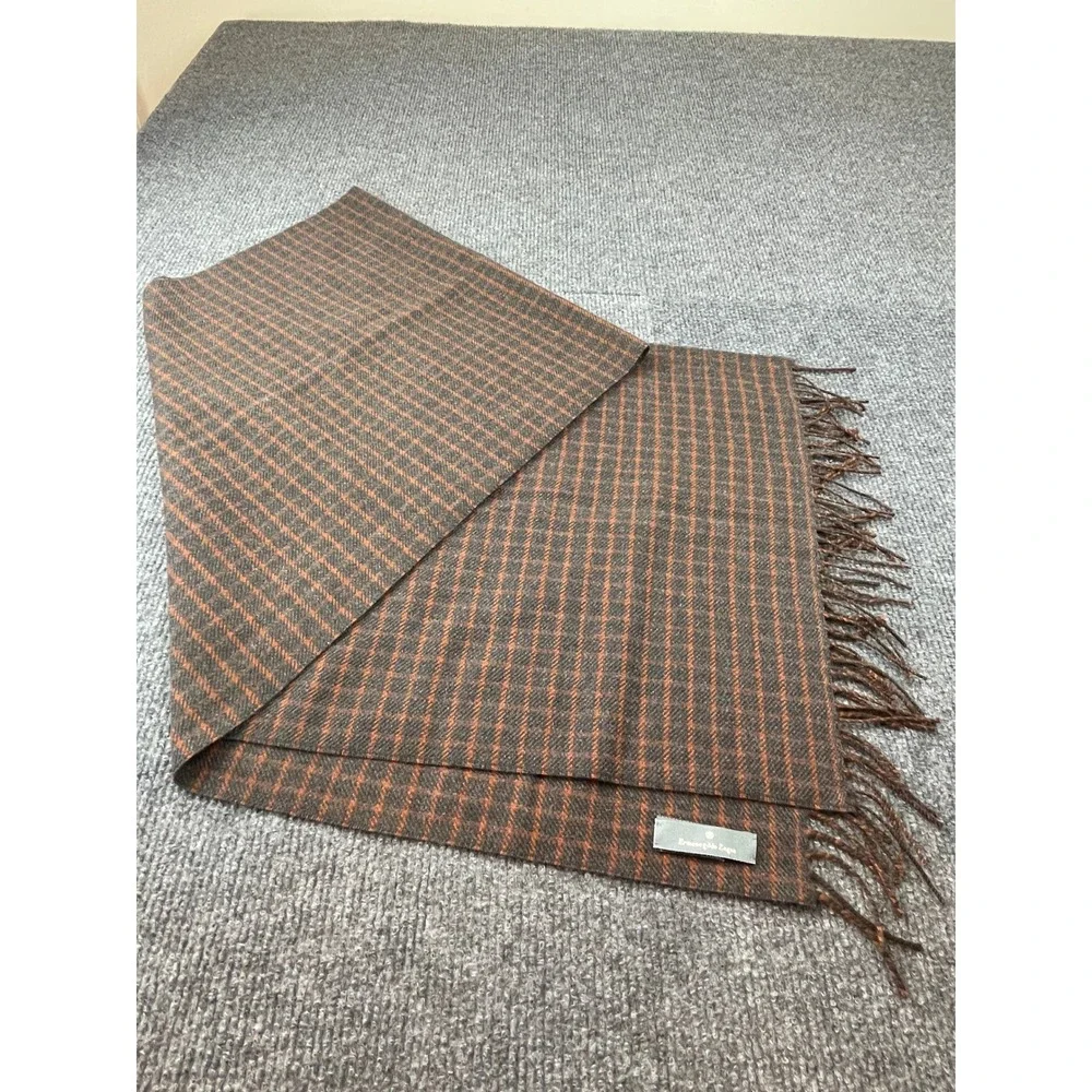 Ermenegildo Zegna Mens Scarf Grey Orange Micro Check Plaid Fringed Italy Luxury